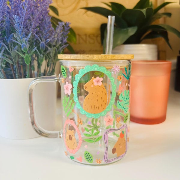 Cute Capybara Glass Mug 15oz, Floral Capybara Coffee Mug with Bamboo Lid and Straw, Aesthetic Glass Mug, Cozy Drinkware Gift