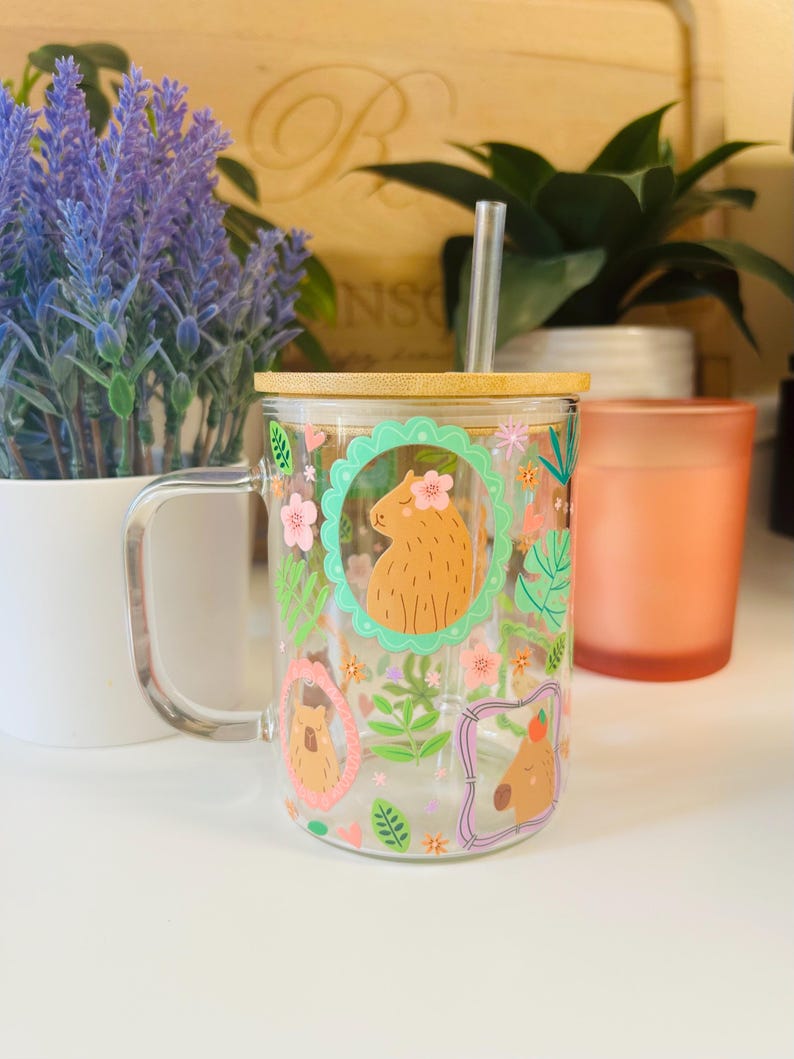 Cute Capybara Glass Mug 15oz, Floral Capybara Coffee Mug with Bamboo Lid and Straw, Aesthetic Glass Mug, Cozy Drinkware Gift bild 1