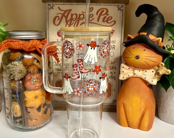 Tasse en verre fantôme cow-girl avec anse et paille, gobelet western disco d'Halloween 40 oz, tasse en verre à café d'automne effrayante