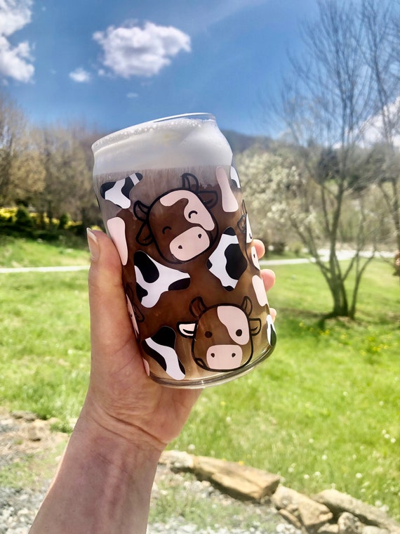 Cow Print Coffee Glass Can Cup, Cow print Tumbler, Coffee Glass cup, Beer  Can Cup, Bamboo Lid and Glass straw