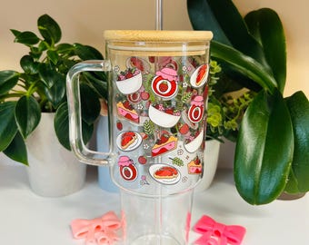 Coquette aux fraises 40 oz gobelet en verre et poignée, jolie tasse à café glacée, tasse esthétique à noeud rose, cadeau pour amateur de thé cottagecore, verres girly