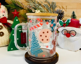 Christmas Cookies Glass Mug, Christmas Tree Cup, Winter Mug, Festive Cup, Christmas Mug, Cheerful Cup, Gingerbread Man Mug, Candy Cane Cup