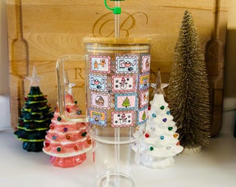 Julfrimärke 40oz glasmugg med handtag, julmugg med sugrör och bambulock, söt vinterglasmugg, julklapp till henne