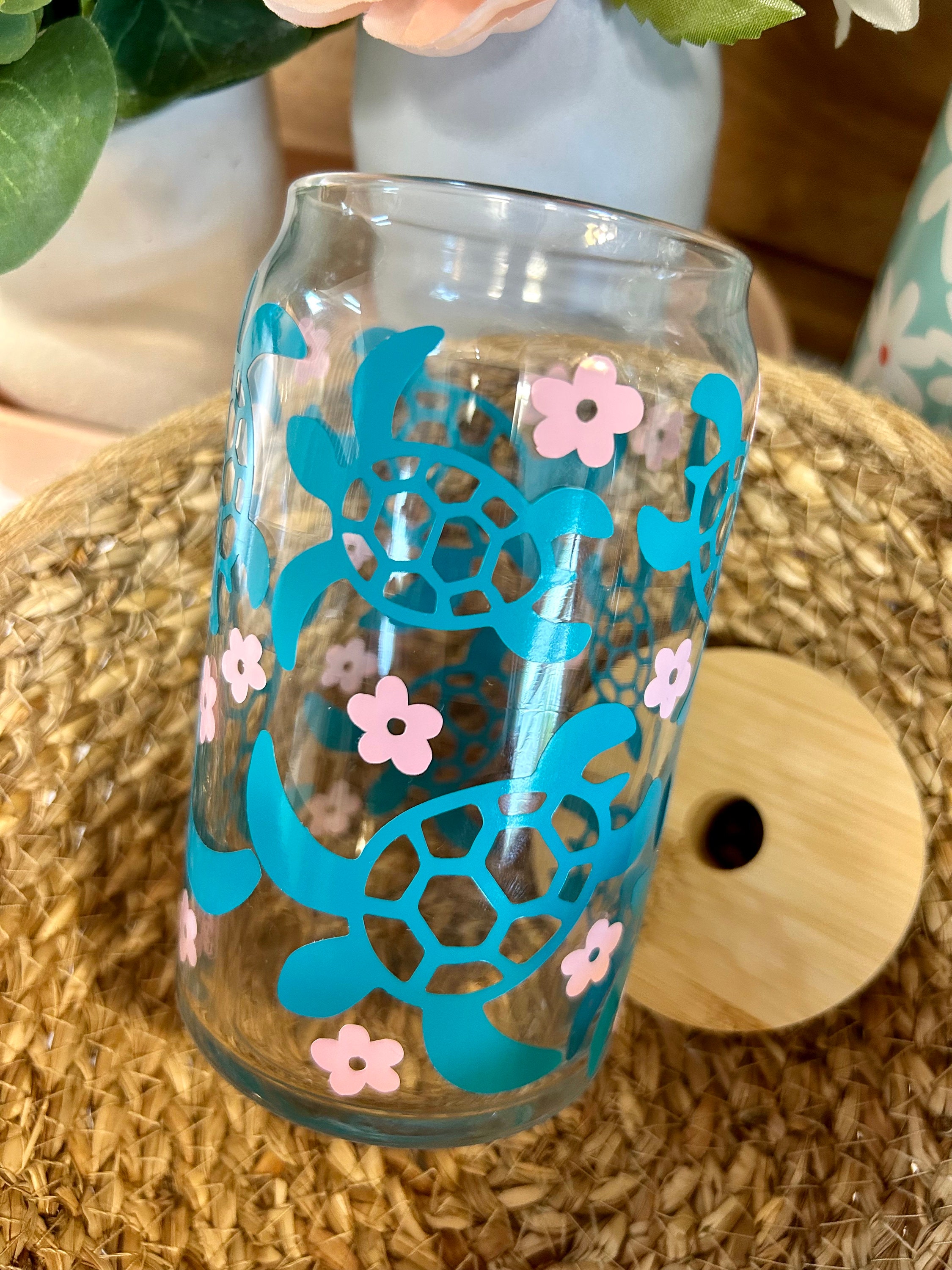 Turtle Shell Cups Turtle Glass Cup, Iced Coffee Cup, Ocean Turtle Cup, Turtle Lover Cup ...