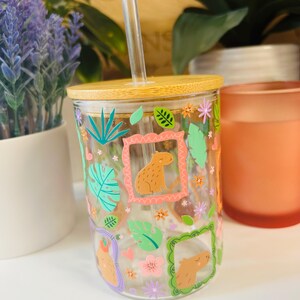Cute Capybara Glass Mug 15oz, Floral Capybara Coffee Mug with Bamboo Lid and Straw, Aesthetic Glass Mug, Cozy Drinkware Gift bild 4