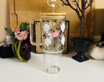 40oz Spooky Ghost Tumbler with Handle and Lid, Halloween Pumpkin Glass Cup, Cute Ghost Tumbler with Straw