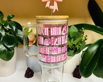 40oz Glass Tumbler with Handle, Pink Princess Book Shelf Glass Tumbler, Girly Iced Coffee Tumbler, Bookish Lover Gift, Viral Glass Cup
