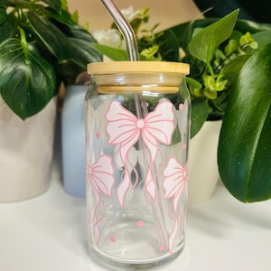Pink Bows Glass Cup, 16oz Iced Coffee Tumbler, Cute Girly Gift for Her, Soft Aesthetic Coffee Cup with Bamboo Lid and Color Glass Straw