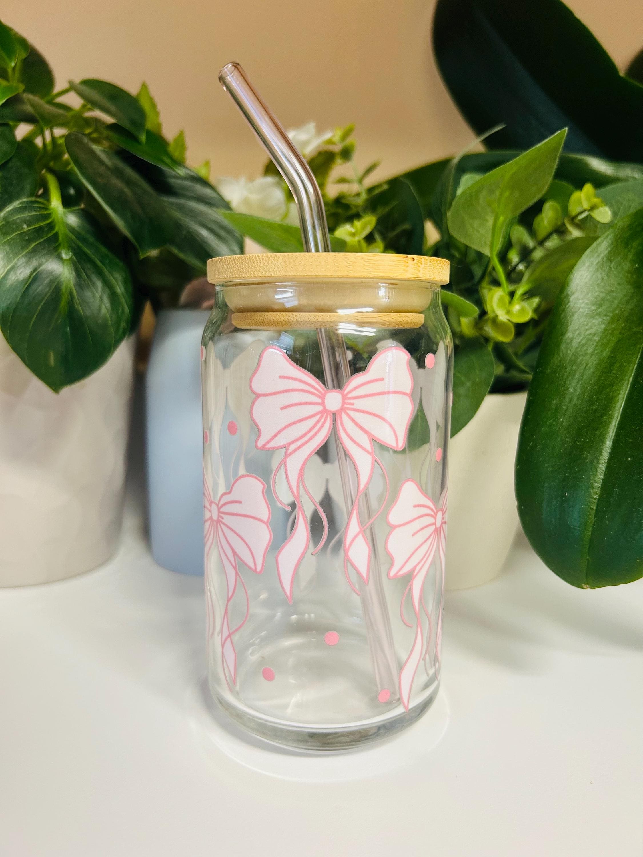 Pink Bows Glass Cup, 16oz Iced Coffee Tumbler, Cute Girly Gift for Her ...