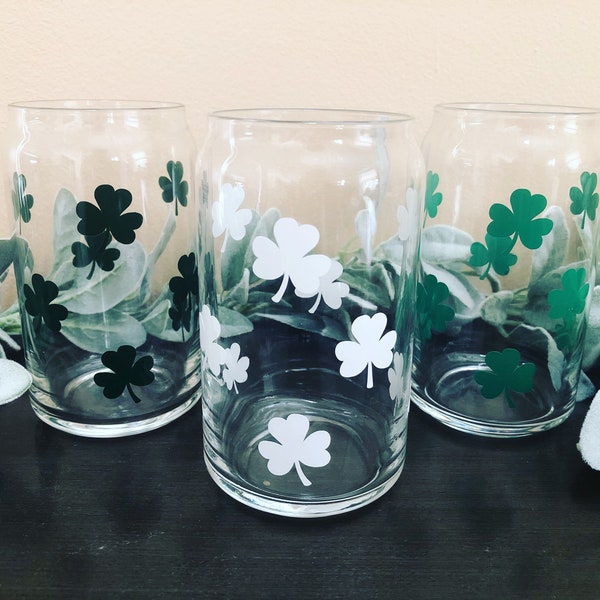 Shamrock Cup, Beer Can Glass, St. Patrick's Day Glass, St. Pattys Day Gift, Lucky Glass Cup, Clover Iced Coffee Cup, Shamrock Matcha Glass