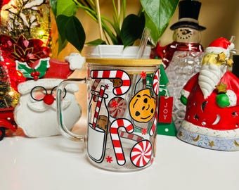 Christmas Candy Cane and Cookie Glass Mug, 15oz Holiday Coffee Cup with Handle, Cute Christmas Gift, Festive Hot Cocoa Mug, Holiday Cup