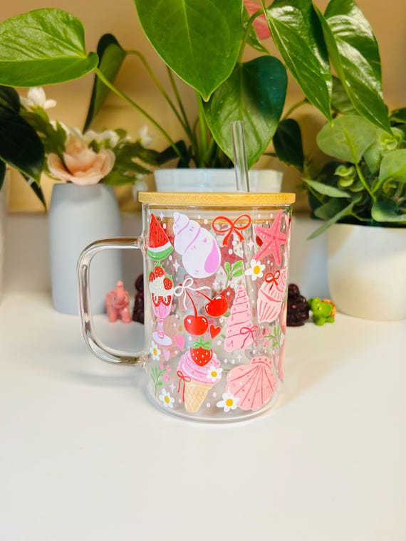 15oz Summer Treats Glass Mug with Handle, Ice Cream and Cherry Aesthetic, Bamboo Lid and Straw, Cute Pink Kawaii Drinkware for Summer