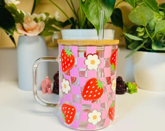 Strawberry Daisy Mug, Cute Pink Checkered Coffee Mug, Spring Easter Gift for Her, Teacher Gift, Girly Aesthetic Cup, Cottagecore Drinkware