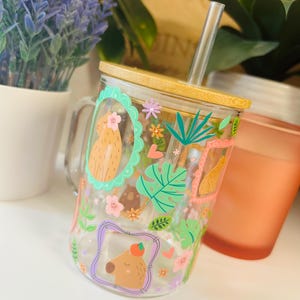 Cute Capybara Glass Mug 15oz, Floral Capybara Coffee Mug with Bamboo Lid and Straw, Aesthetic Glass Mug, Cozy Drinkware Gift bild 2