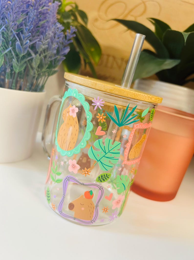 Cute Capybara Glass Mug 15oz, Floral Capybara Coffee Mug with Bamboo Lid and Straw, Aesthetic Glass Mug, Cozy Drinkware Gift bild 2