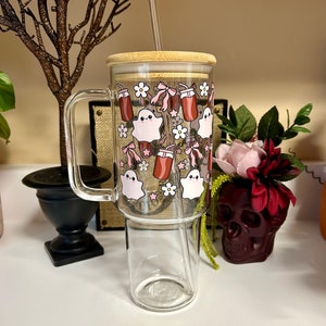 40oz Glass Tumbler with Handle, Pink Ghost Cup with Lid and Straw, Cute Iced Coffee Cup for Fall, Spooky Season Girly Tumbler, Viral Tumbler