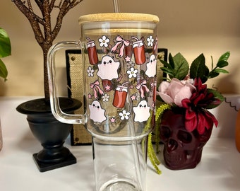 40oz Glass Tumbler with Handle, Pink Ghost Cup with Lid and Straw, Cute Iced Coffee Cup for Fall, Spooky Season Girly Tumbler, Viral Tumbler