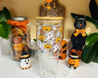 40oz Glass Tumbler with Handle, Halloween Cup with Lid and Straw, Ghosts and Pumpkins Design, Spooky Season Iced Coffee Cup, Viral Tumbler