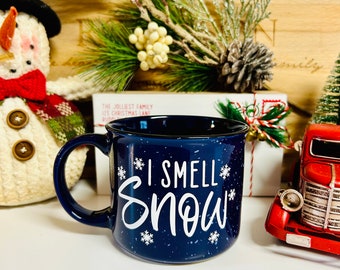 I Smell Snow Mug, Winter Cup, Blue Christmas Coffee Cup, Hot Chocolate Mug, Christmas Mug Gift, Cozy Mug, Xmas Campfire Mug, Snowflake Mug