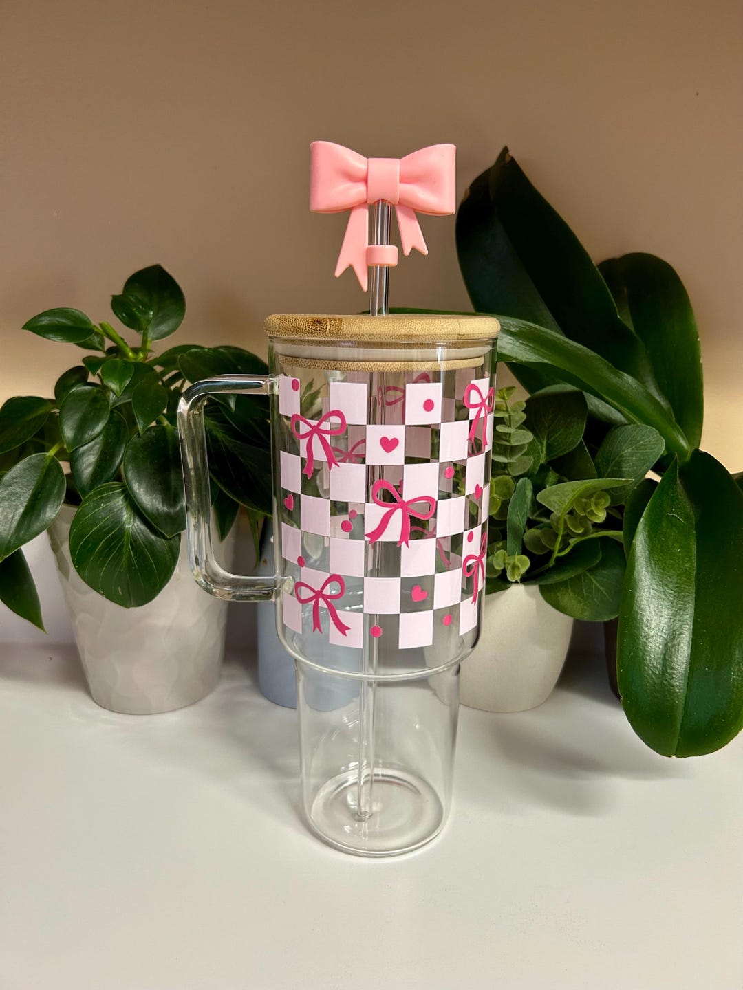 40oz Glass Tumbler With Handle, Pink Checkered Bow Cup, Coquette Bow ...