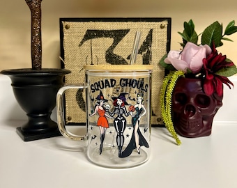Squad Ghouls 15oz Glass Mug with Handle, Bamboo Lid and Straw, Witch, Ghoul and Skeleton Design for Halloween Sips, Summerween Coffee Cup