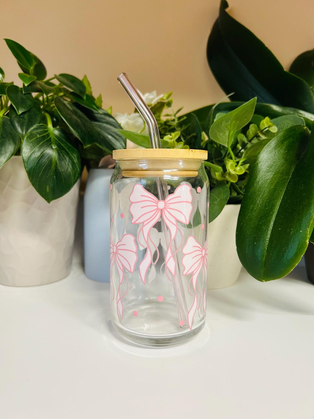 Pink Bows Glass Cup, 16oz Iced Coffee Tumbler, Cute Girly Gift for Her ...