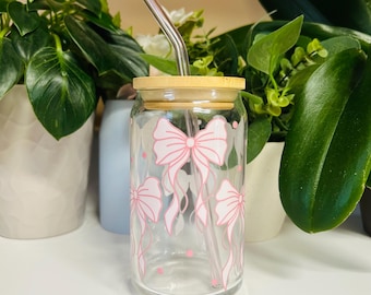 Pink Bows Glass Cup, 16oz Iced Coffee Tumbler, Cute Girly Gift for Her, Soft Aesthetic Coffee Cup with Bamboo Lid and Color Glass Straw