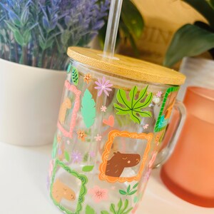 Cute Capybara Glass Mug 15oz, Floral Capybara Coffee Mug with Bamboo Lid and Straw, Aesthetic Glass Mug, Cozy Drinkware Gift bild 5