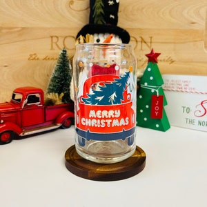 Merry Christmas Red Truck Glass Cup, 16oz Iced Coffee Tumbler with Bamboo Lid and Straw, Holiday Glass Can for Christmas Gift or Decor