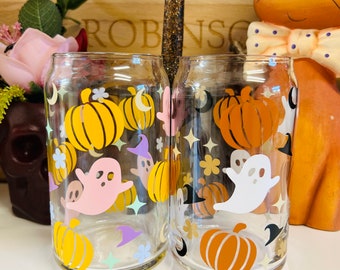 Halloween Glass Can Cup, Cute Ghost and Pumpkin Cup, 16oz Beer Can Glass, Iced Coffee Cup, Spooky Season Tumbler, Fall Aesthetic Drinkware
