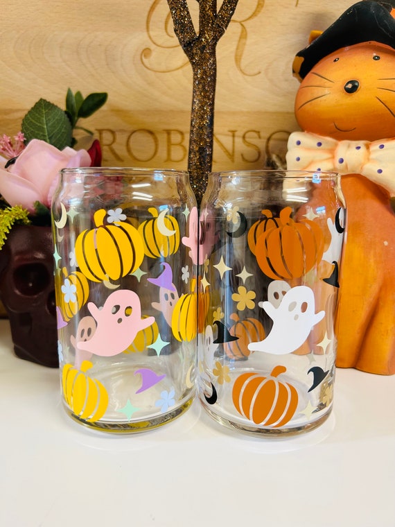 Halloween Glass Can Cup, Cute Ghost and Pumpkin Cup, 16oz Beer Can Glass, Iced Coffee Cup, Spooky Season Tumbler, Fall Aesthetic Drinkware