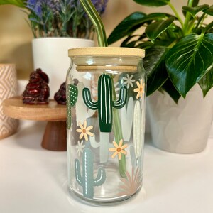 16oz Cactus Glass Cup with Bamboo Lid and Straw, Iced Coffee Cup, Boho Tumbler, Reusable Glass Cup, Cute Gift for Her, Summer Drinkware