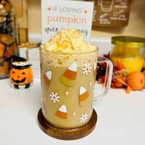Candy Corn Glass Mug with Handle, Fall Cup, Cozy Mug, Halloween Mug, Halloween Cup, Trick or Treat Mug, Autumn Coffee Mug, Hot Tea Fall Mug