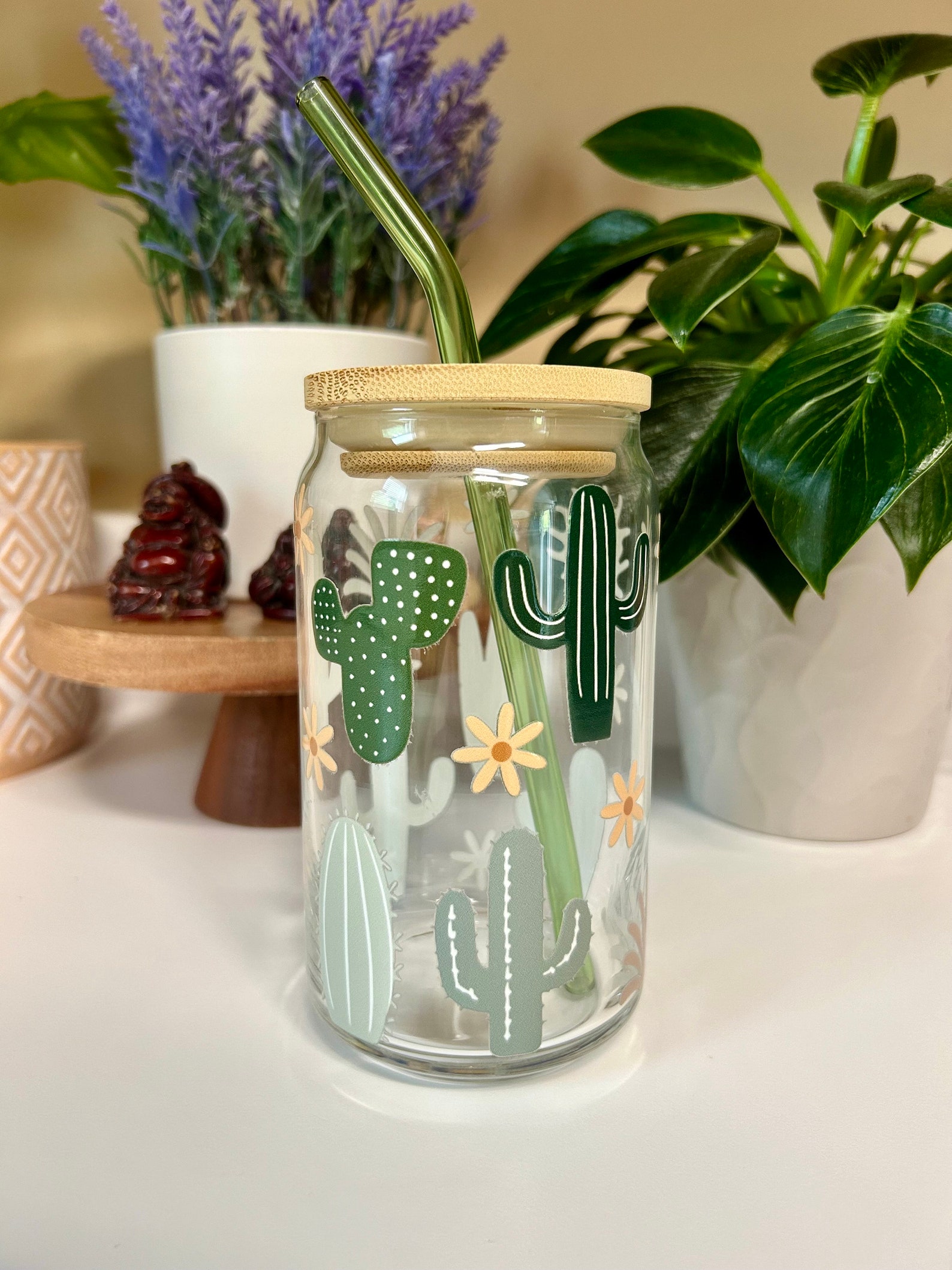 16oz Cactus Glass Cup With Bamboo Lid and Straw, Iced Coffee Cup, Boho ...
