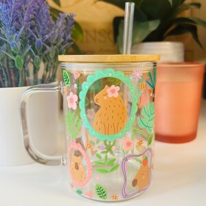 Cute Capybara Glass Mug 15oz, Floral Capybara Coffee Mug with Bamboo Lid and Straw, Aesthetic Glass Mug, Cozy Drinkware Gift bild 6