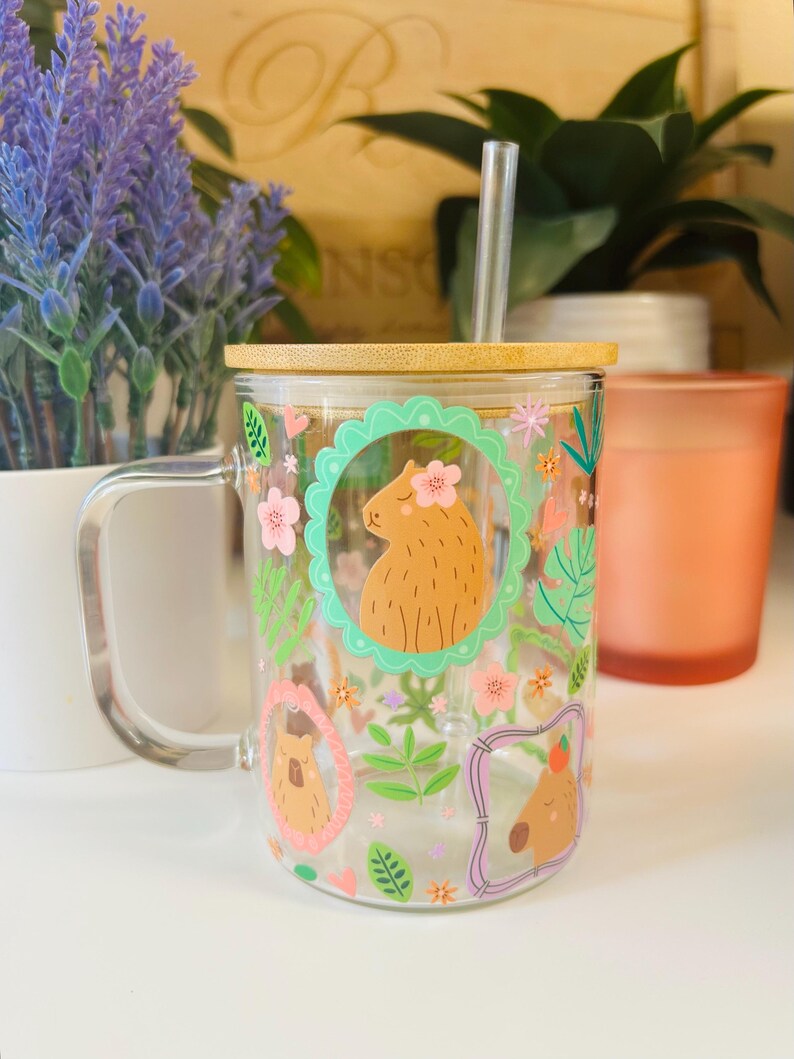 Cute Capybara Glass Mug 15oz, Floral Capybara Coffee Mug with Bamboo Lid and Straw, Aesthetic Glass Mug, Cozy Drinkware Gift bild 6