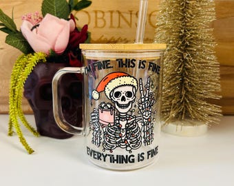Spooky Christmas Skeleton Glass Mug, Funny Everything Is Fine Holiday Coffee Cup, Goth Christmas Mug, Christmas Chaos Cup