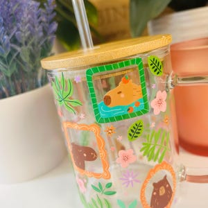 Cute Capybara Glass Mug 15oz, Floral Capybara Coffee Mug with Bamboo Lid and Straw, Aesthetic Glass Mug, Cozy Drinkware Gift bild 3