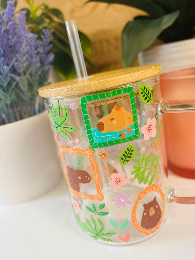Cute Capybara Glass Mug 15oz, Floral Capybara Coffee Mug with Bamboo Lid and Straw, Aesthetic Glass Mug, Cozy Drinkware Gift bild 3