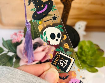Marque-page d'Halloween avec pompon, Marque-page sorcière, Marque-page magique en acrylique, Cadeau pour lecteur effrayant, Cadeau pour amoureux des livres fantastiques