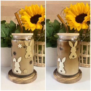Bunny Glass Cup, Bunny Rabbit Iced Coffee Glass, Neutral Easter Cup, Easter Bunny Cup, Easter Gift, Gift for Bunny Lover, Cute Easter Cup
