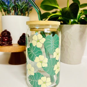 Tropical Floral Glass Cup with Bamboo Lid and Straw, Aesthetic Iced Coffee Cup, Eco Friendly 16oz Tumbler for Cold Drinks, Cute Gift Idea