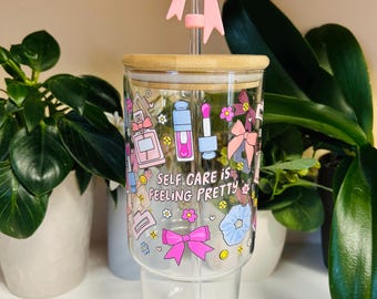 40oz Glass Tumbler with Handle, Self Care Is Feeling Pretty Cup, Affirmation Iced Coffee Glass, Cute Mental Health Gift