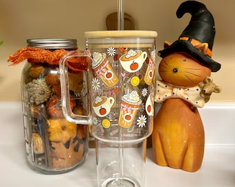 40oz Glass Tumbler with Handle, Halloween Pumpkin Drinkware, Spooky Season Cup, Summerween Tumbler, Autumn Coffee Cup, Viral Glass Tumbler