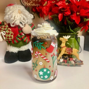 Christmas Stockings and Holly 16oz Glass Cup, Holiday Iced Coffee Cup, Cute Winter Berry and Star Cup, Festive Cup for Coffee and Cocoa