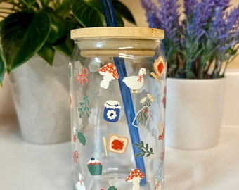 Cottagecore Iced Coffee Glass Cup, Cottagecore Aesthetic Cup, Cottage Style Cup, Coquette Cup, Country Living Cup, Mushroom Cup, Goose Cup