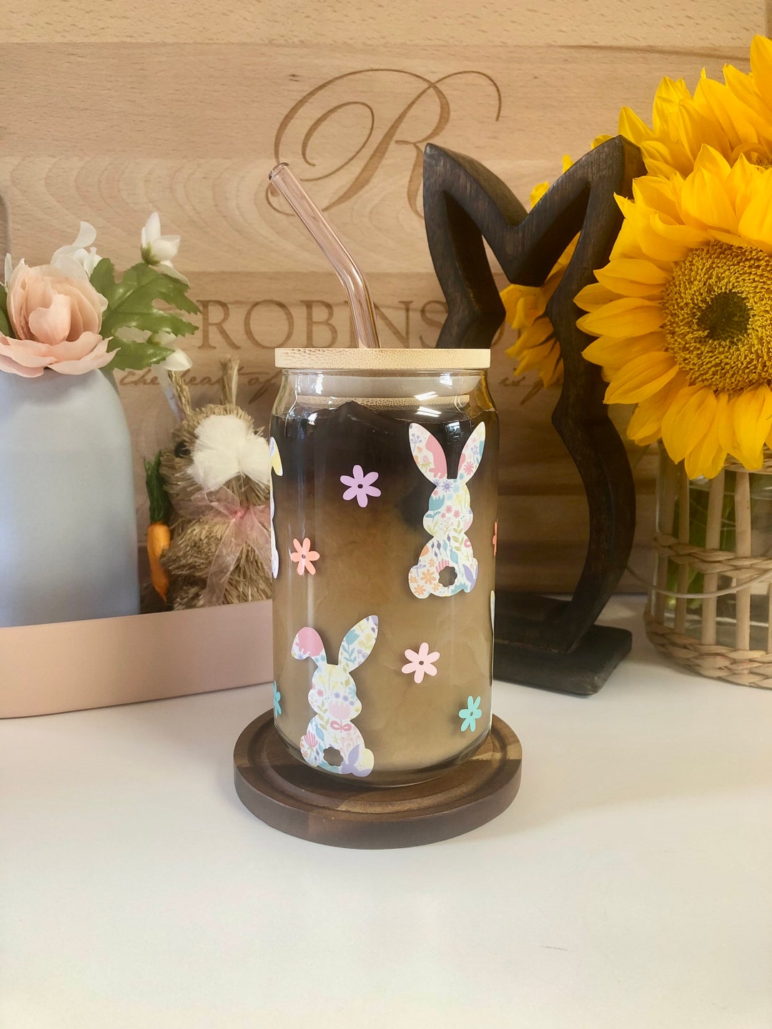 Bunny Glass Cup, Rabbit Iced Coffee Glass, Daisy Flower Matcha Cup ...