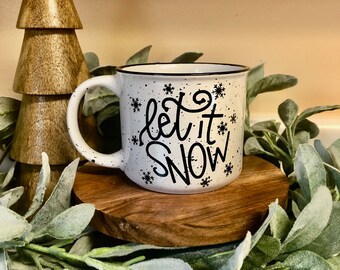 Let It Snow Campfire Mug, 15oz Speckled Ceramic Coffee Mug, Winter Mug, Christmas Hot Cocoa Mug, Holiday Gift, Rustic Farmhouse Style