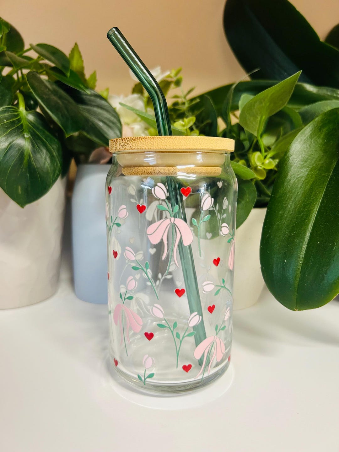 16oz Coquette Glass Tumbler, Pink Bow Coffee Cup, Coquette Iced Coffee ...