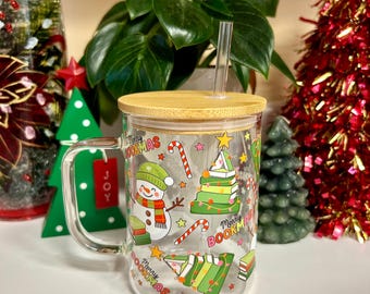 Christmas Book Lover Glass Mug, Reader Coffee Cup with Handle, Bookworm Christmas Gift, Holiday Reading Mug, Cute Book Lover Cup